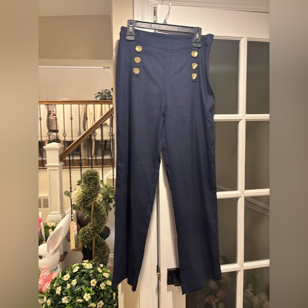 Women's Navy High-Waisted Button-Detail Pants - Halston Size 4 NWOT